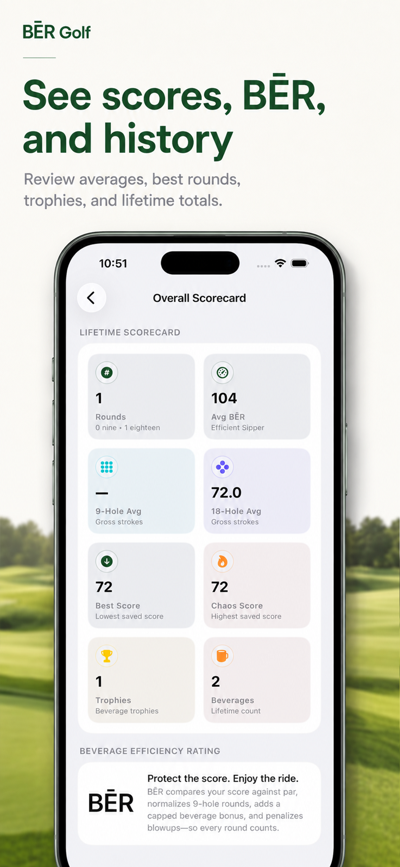BĒR Golf screenshot showing overall scorecard history with averages, best rounds, trophies, beverages, and BĒR
