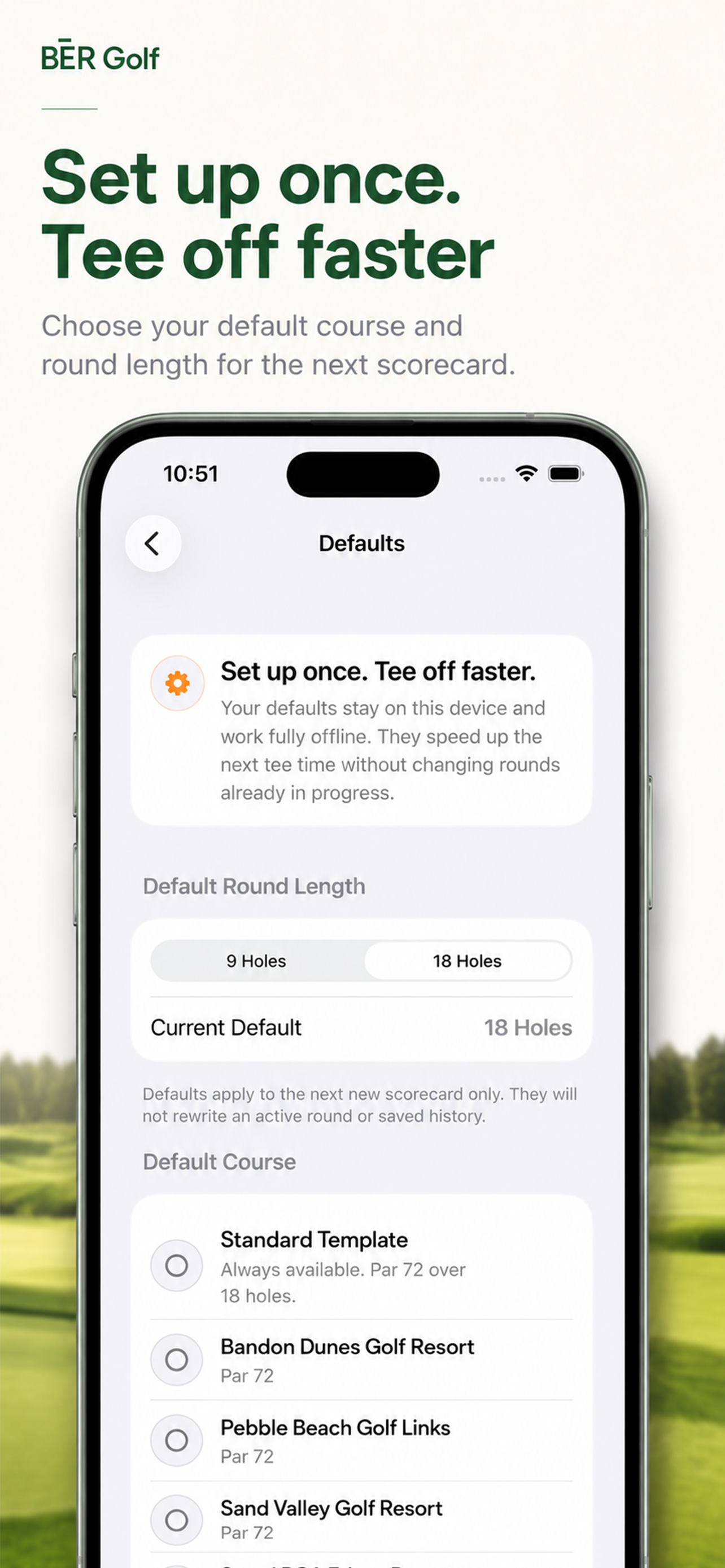 BĒR Golf screenshot showing default round length and default course settings for faster setup